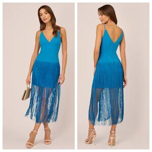 Adrianna Papell Crepe and Fringe Dress Cerulean